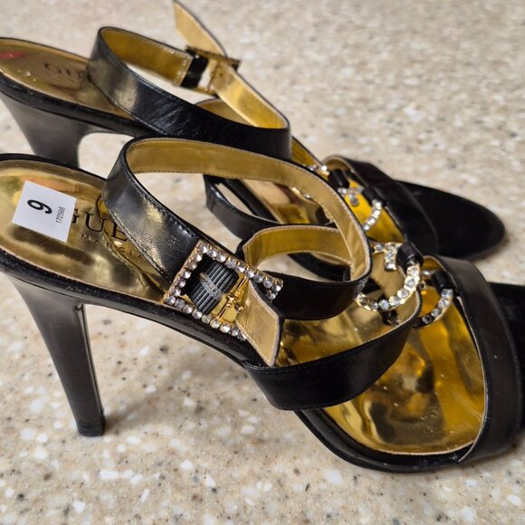 Women's Guess Black Leather Heels w Crystal Embellishments Size 9M NIB - Picture 7 of 10